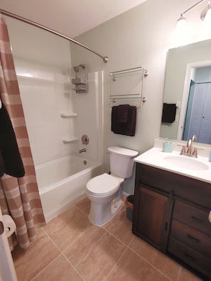 A bathroom with a shower, toilet, sink, and a mirror.