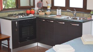 Una cucina con fornelli, forno, lavello e pensili.