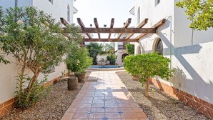 Un sendero conduce a una piscina con una pérgola en lo alto, rodeada de plantas en macetas y un paseo empedrado de piedra.