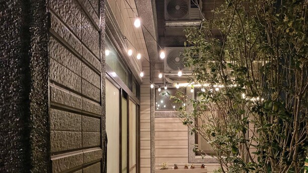 A narrow outdoor corridor with a wooden bench, potted plants, and string lights. - White Cat B&B (Jinning)