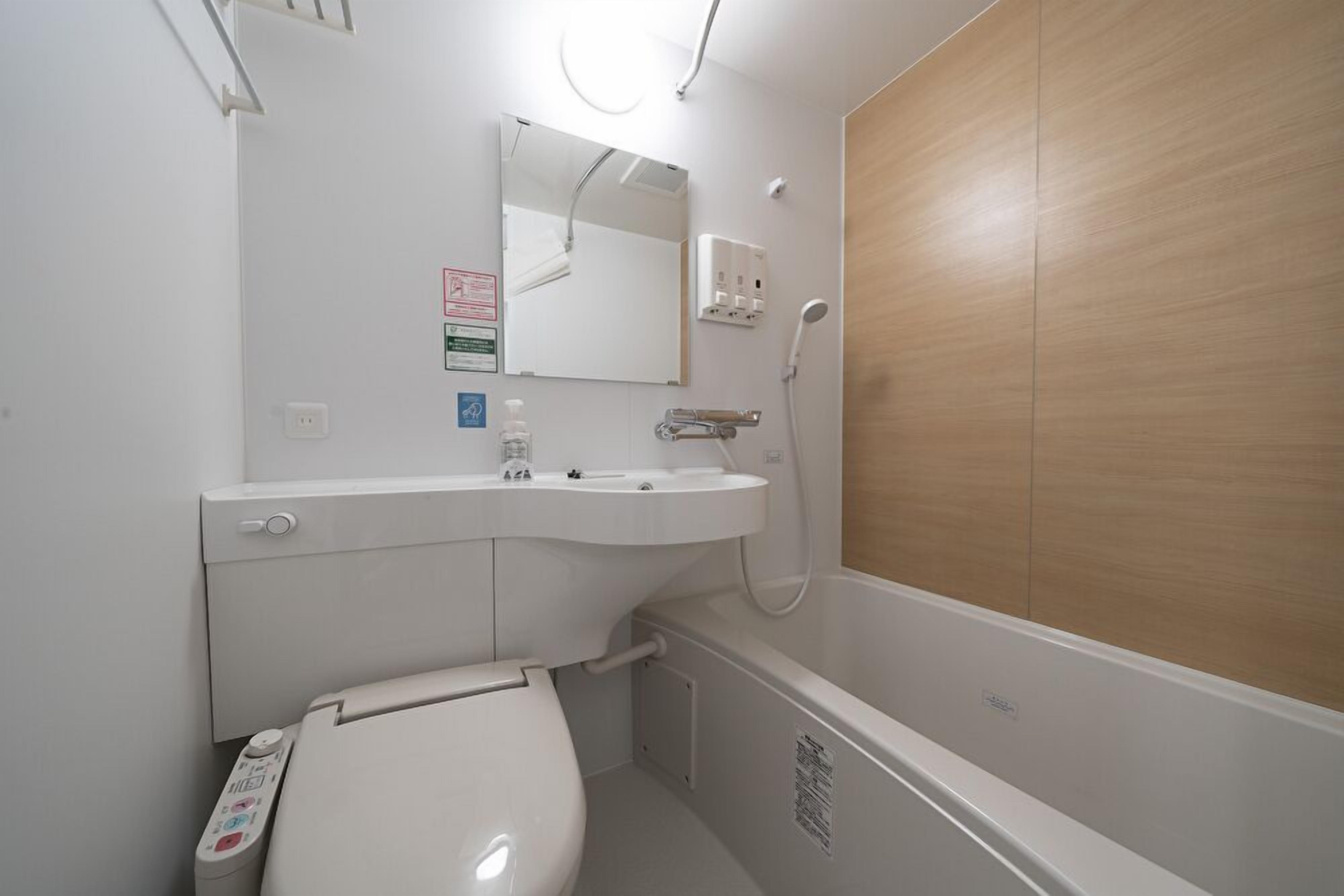 combined shower/bathtub, hair dryer, slippers, electronic bidet