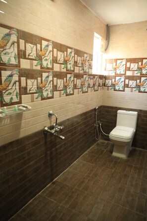 Bathroom features a shower area with a handheld showerhead and a toilet, surrounded by decorative tiles with bird and foliage designs.