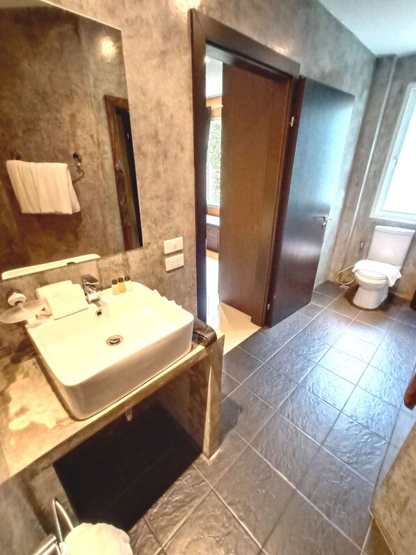 Un baño con un lavamanos amplio, un espejo y un inodoro.