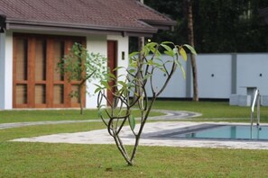 A small tree in a grassy area with a pool and a building in the background. - JAS Residence Pool Villa (Divulapitiya)