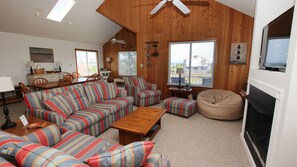 TV, fireplace, DVD player, books