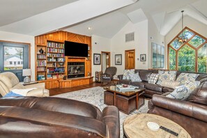 TV, fireplace, books