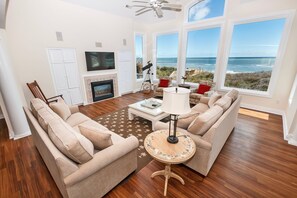 TV, fireplace, books, stereo