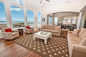 TV, fireplace, books, stereo