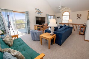 TV, fireplace, books - Oceanside, Private Pool, Hot Tub, Pool Table, WC817, Dancin' Dolphin (Corolla)