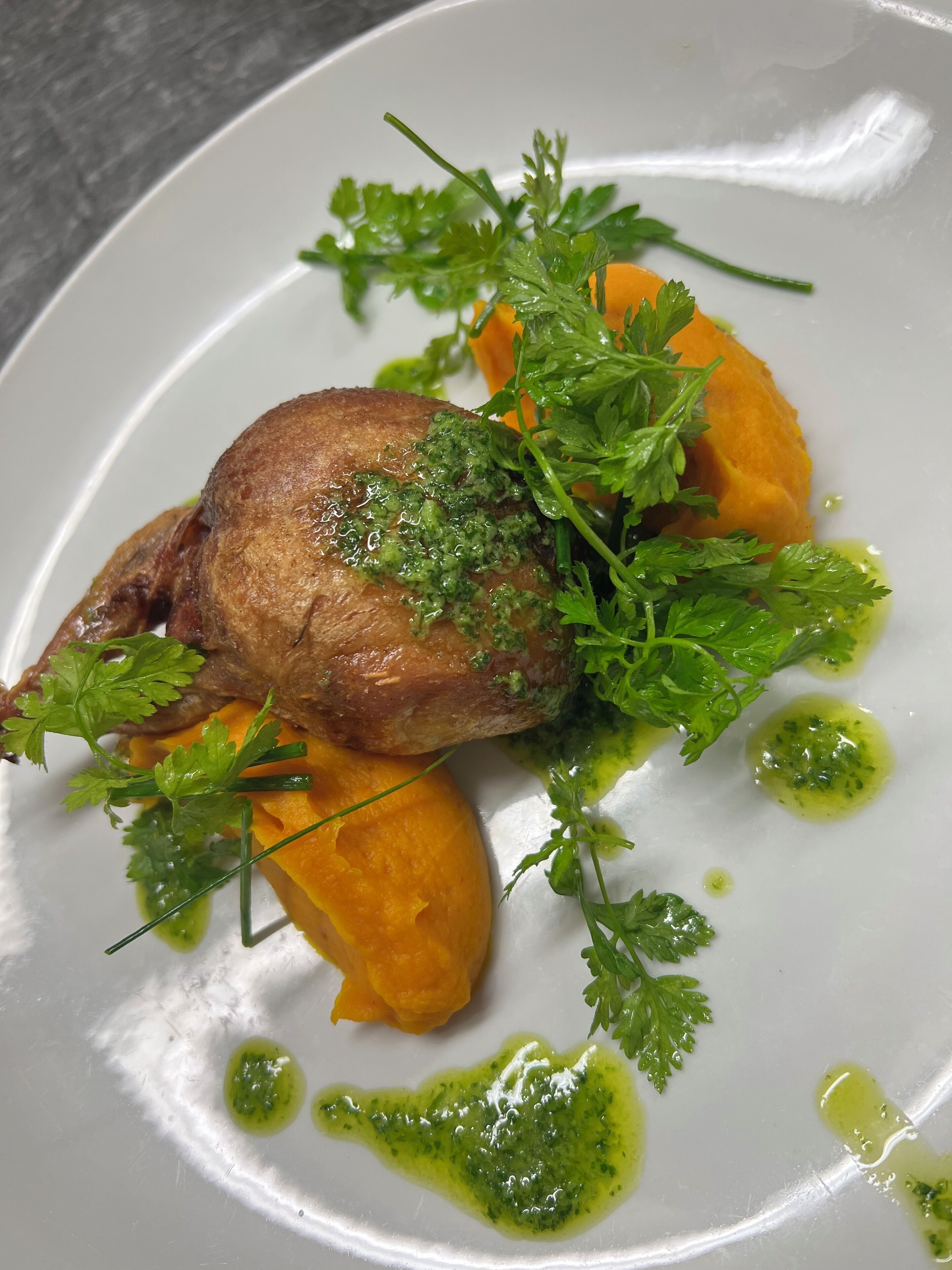 Ein Teller mit gebratenem Fleisch, orangen Gemüsesorten und grünen Kräutern.