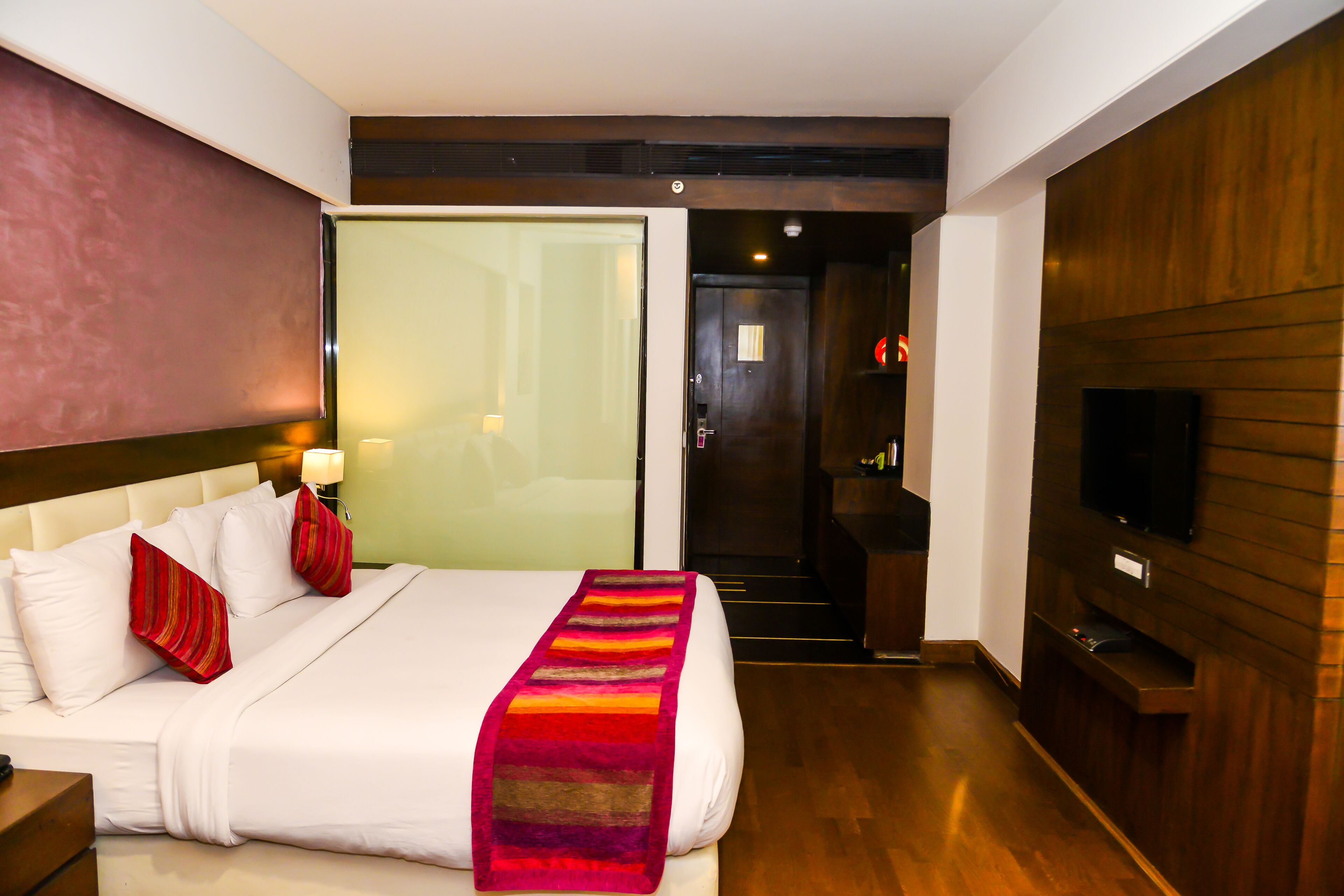 premium double room | in-room safe, desk, laptop workspace, blackout curtains