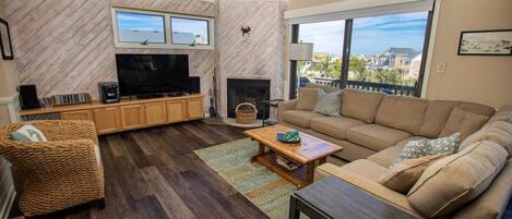 Televisión, chimenea, reproductor de DVD, libros