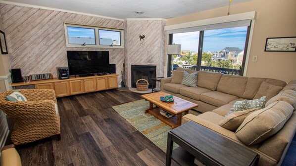 テレビ、暖炉、DVD プレーヤー、書庫