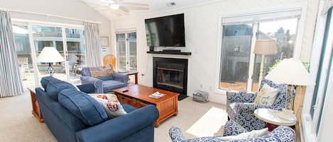 TV, fireplace, foosball, books