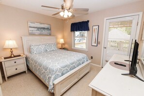A bedroom with a bed, two bedside tables with lamps, a ceiling fan, a window with blinds, and a desk with a computer. - Semi-Soundfront, Rec Room, Community Amenities, 533,Sound Secret (Corolla)