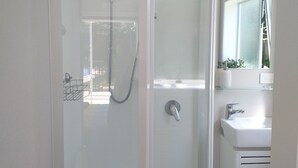 A modern bathroom with a glass-enclosed shower, a white sink, and a mirror above the sink.