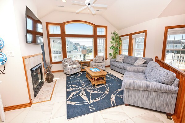 TV, fireplace, video library, stereo