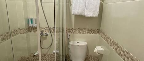 Un baño con ducha de vidrio, inodoro y perchero para toallas.