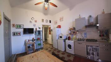 Großer Kühlschrank, Mikrowelle, Herdplatte