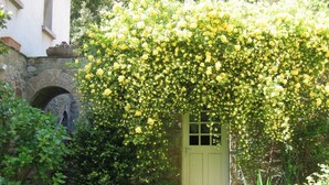 Um jardim com uma porta verde, vegetação exuberante e um arco de pedra.