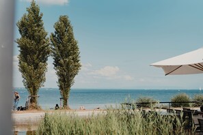 A coastal view with two tall trees, a beach, and a body of water. - Hotel am Fischmarkt (Konstanz)