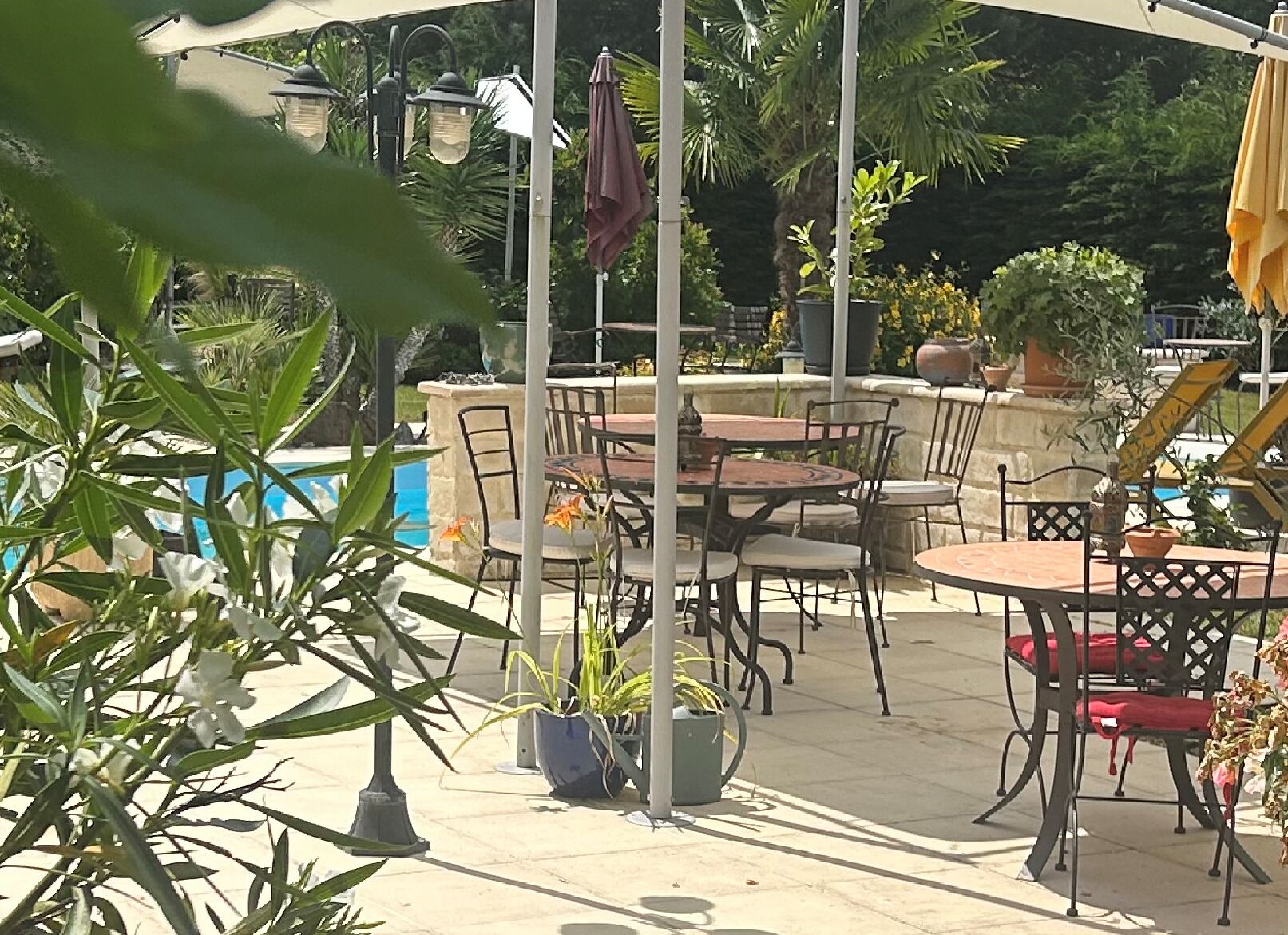 Un patio al aire libre con mesas y sillas, rodeado de plantas en macetas y una piscina.