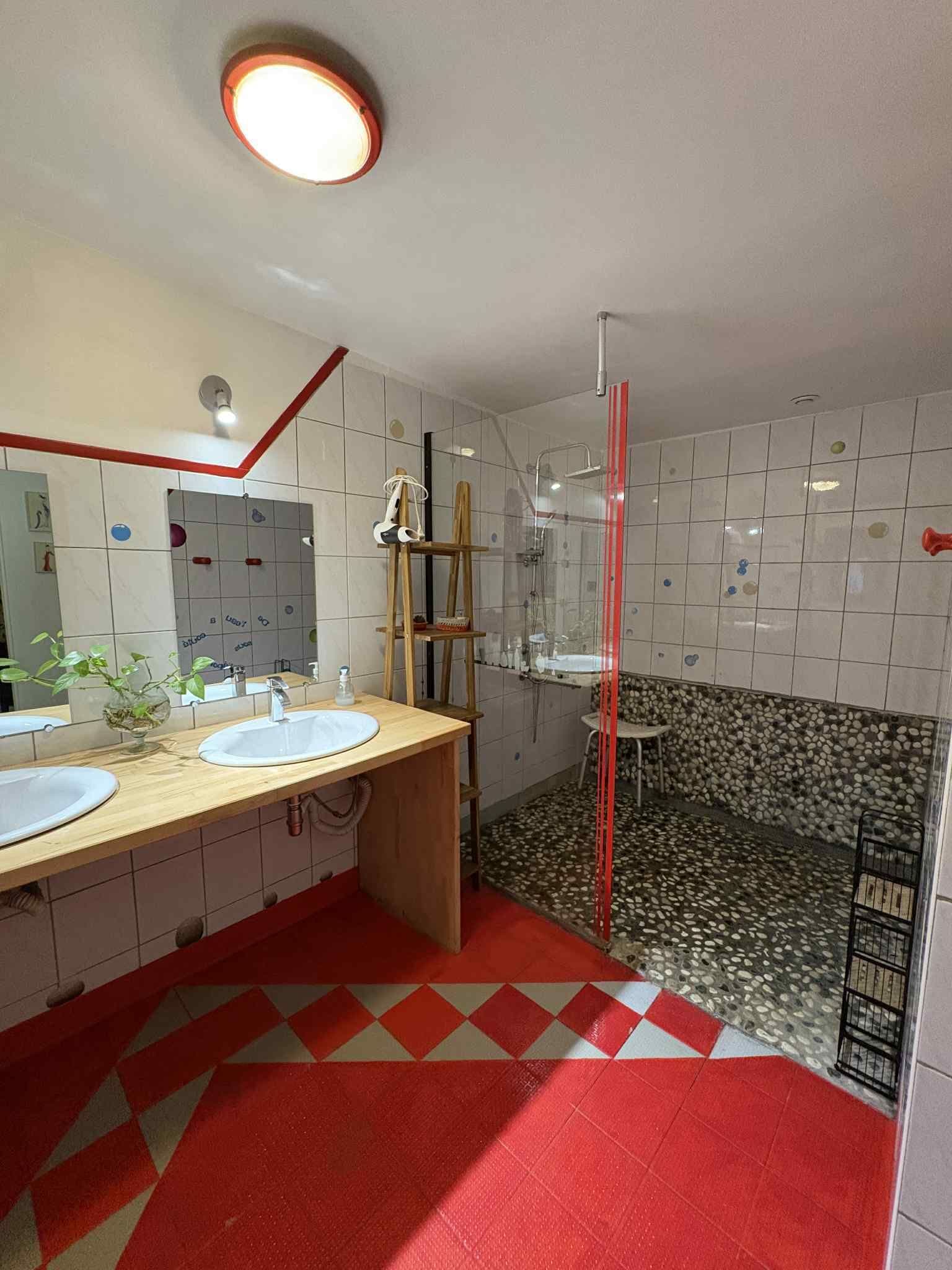 Habitación doble | Baño | Ducha, secador de pelo, jabón y papel higiénico