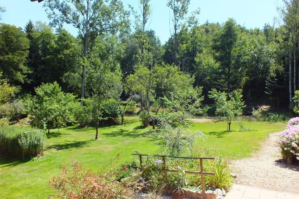 Un giardino con diversi alberi e arbusti, un vialetto sterrato e un recinto in legno.
