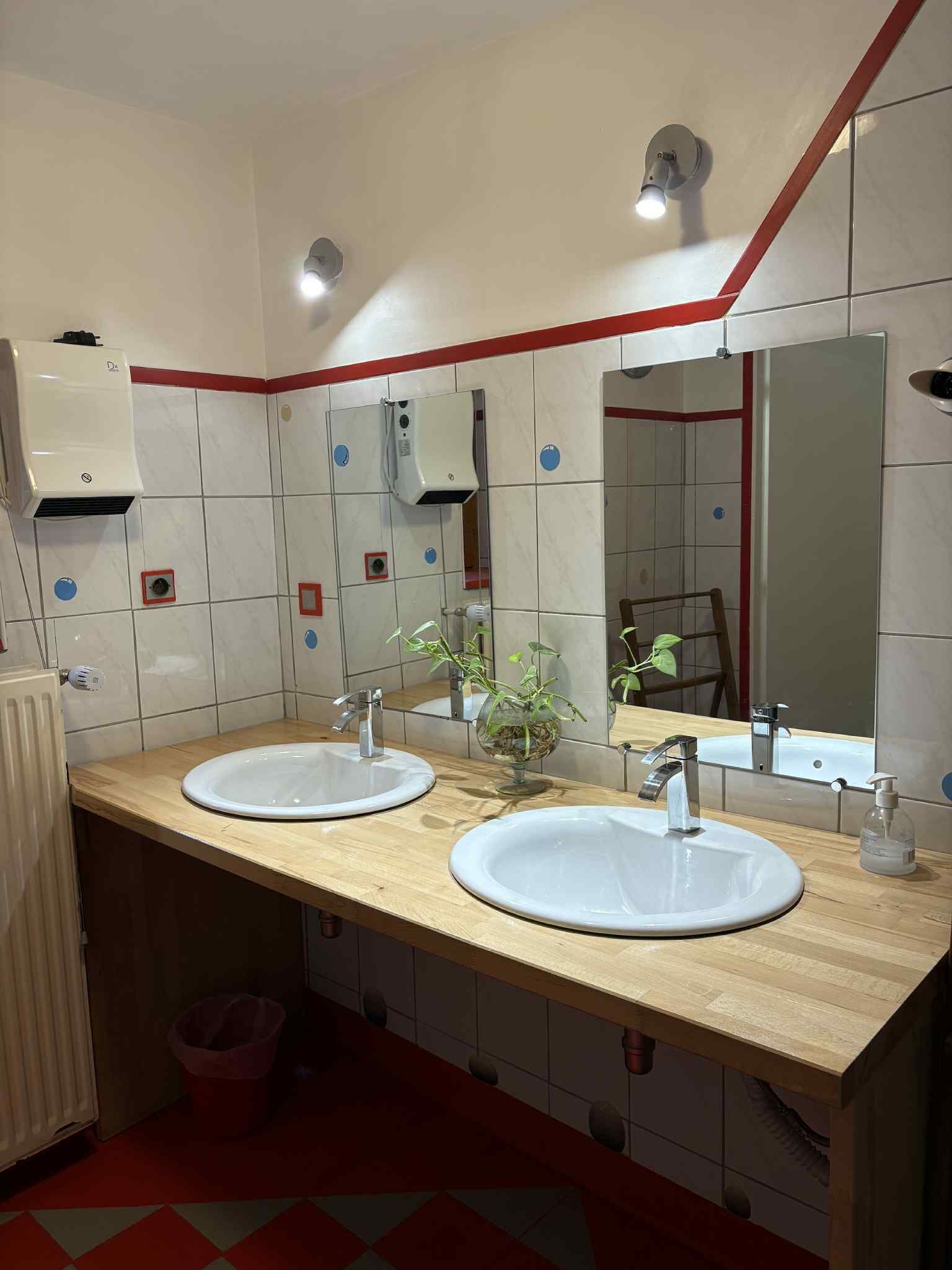 Ein Badezimmer mit zwei Waschbecken, einem Spiegel, einem Händetrockner und einer Heizung.
