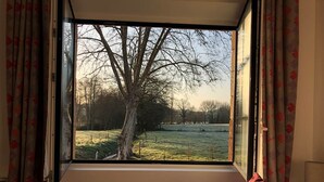 Een slaapkamer met een groot raam, een bed met een rode kussen, en uitzicht op een boom en veld.