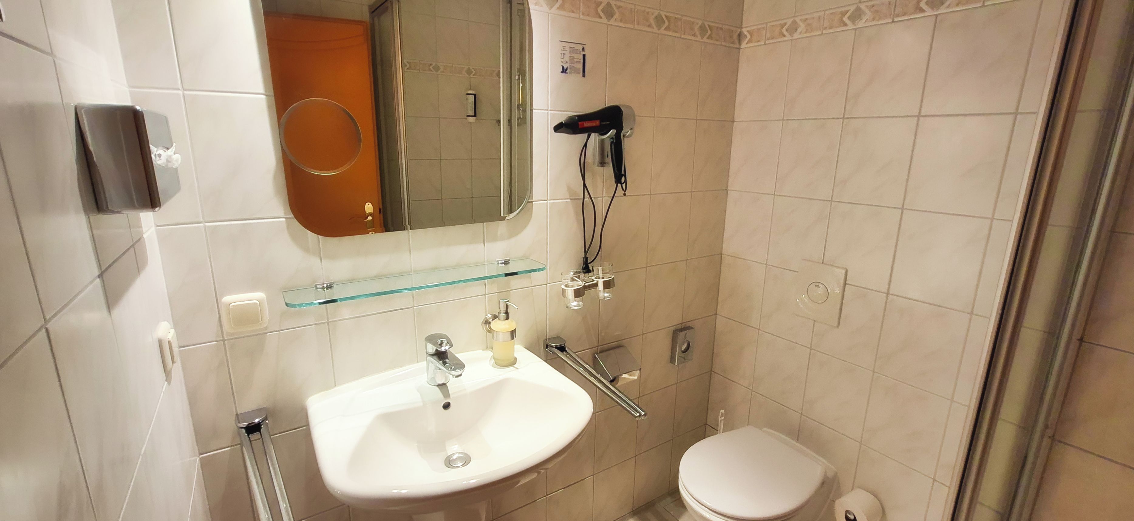 A bathroom with a white sink, a mirror, a glass shelf, a toilet, and a hairdryer on a wall-mounted rack.
