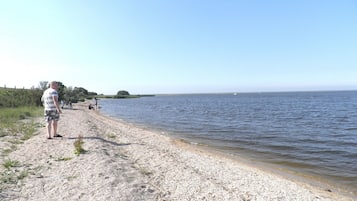 A pebbled beach with a person standing on the left.