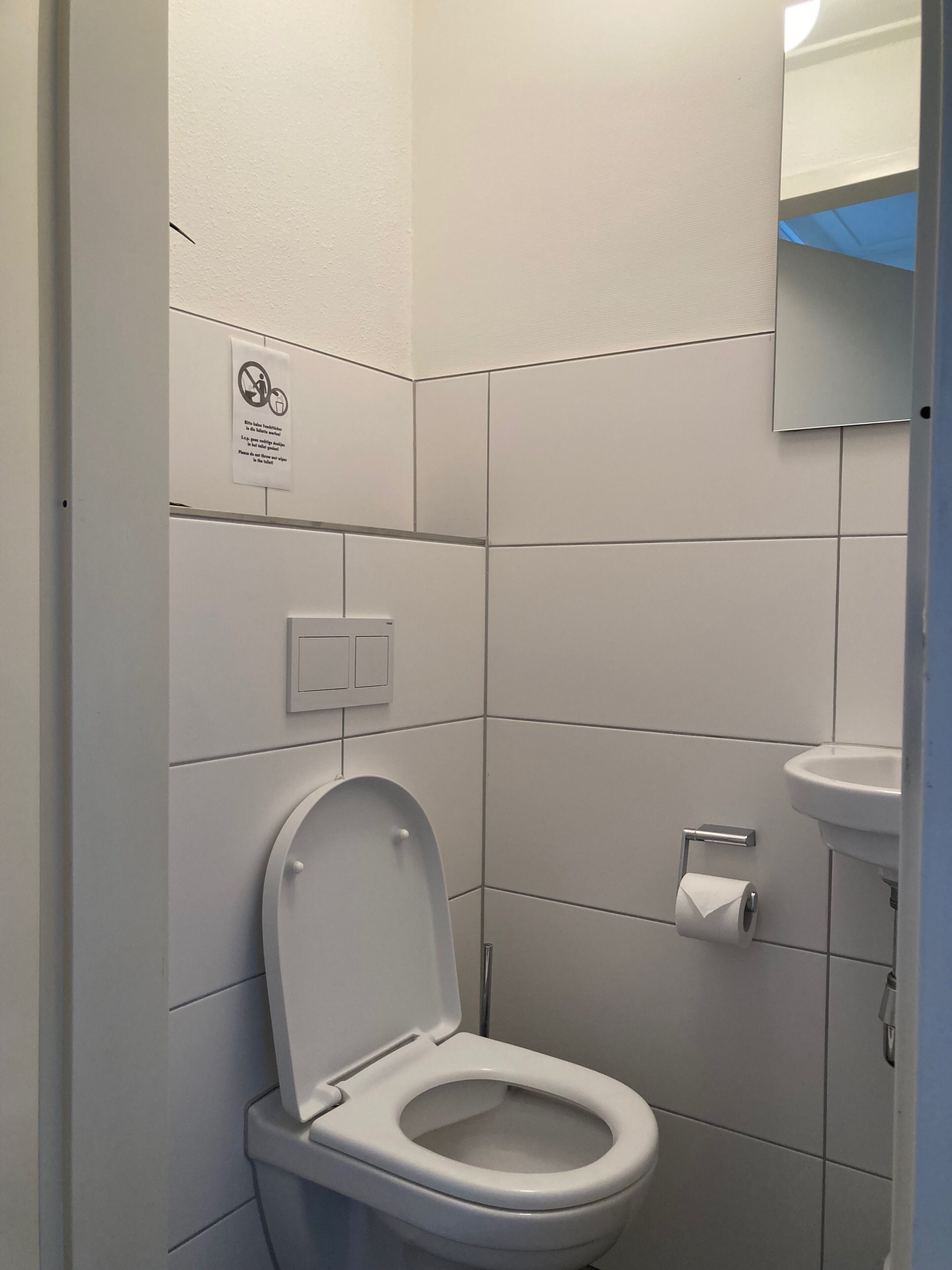 A modern bathroom with a toilet, a sink, and a mirror.