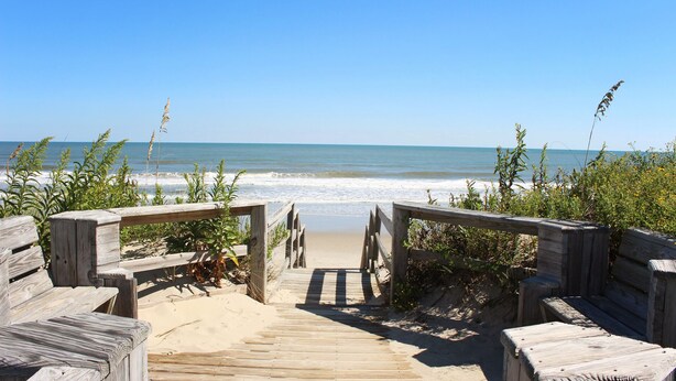 A wooden boardwalk leading to a beach with ocean views. - OCEANFRONT, Pool, Priv Beach Access, Rec Rm, WL945, Sweet Dreams (Corolla)
