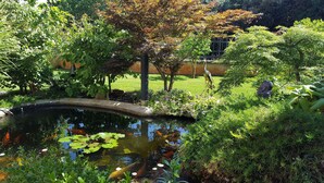 A pond with koi fish, surrounded by lush greenery and a small bridge. - Ferienwohnung Ginkgo A3 (Medulin)