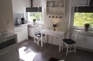 Apartment | Eigene Küche | Kühlschrank, Herdplatte, Wasserkocher mit Kaffee-/Teezubehör