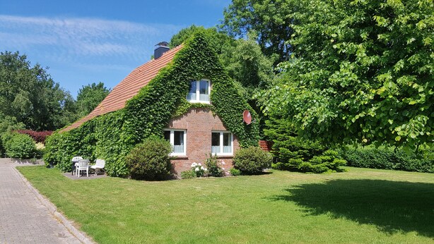 A house with a sloped roof covered in ivy, surrounded by lush greenery. - Gästehaus Zur Alten Post - Landhaus DG (Dornum)