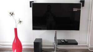 Ein Flachbildfernseher auf einem Ständer, eine Fernbedienung, eine rote Vase mit Blumen und ein schwarzer Lautsprecher auf einem Holzboden.