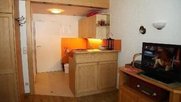 A compact kitchen with wooden cabinets, a built-in oven, and a small countertop. - Falkenberg Wohnung 211 (Oberstdorf)