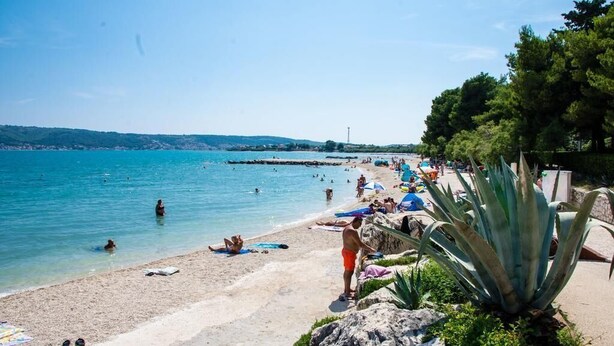 A beach with people swimming and sunbathing, a rocky foreground with a large agave plant, and a clear blue sky. - Studioapartment "carpe Diem" (Kastela)