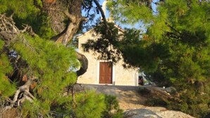 Pequeña construcción de piedra con una puerta de madera, rodeada de pinos y terreno rocoso.