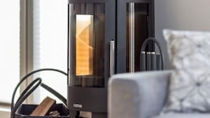 Ein moderner, schwarzer Holzofen mit Glastür, neben einem grauen Sofa und einem Fenster platziert.