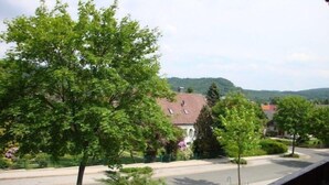 A residential street with houses, trees, and a hilly landscape in the background. - Apartment Pahl (Langelsheim)