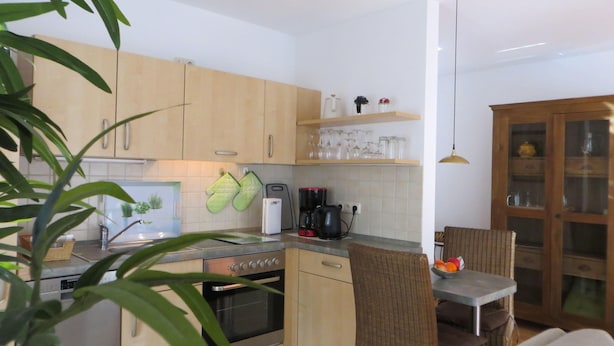 A compact kitchen with wooden cabinets, a built-in oven, and a dining area with a wicker chair and a table. - Weißes Haus am Kurpark, Fewo Waldblick (Quedlinburg)