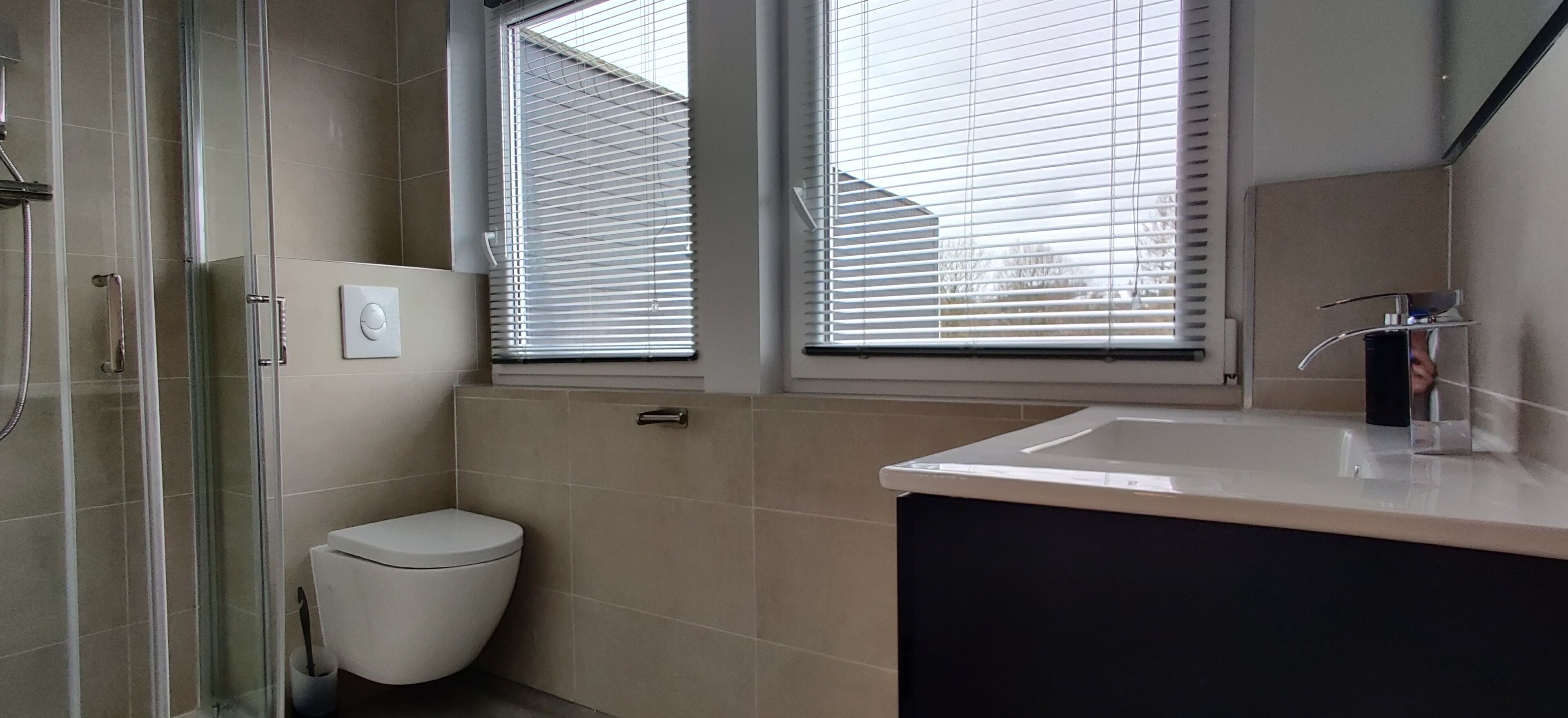 Et moderne badeværelse med en glasbrusekabine, toilet og håndvask med et spejl over.