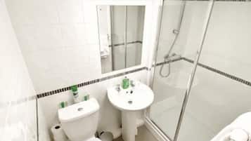 Shower, free toiletries, hair dryer, towels