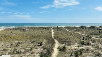A beach path leading to the ocean with sparse vegetation and a clear sky.