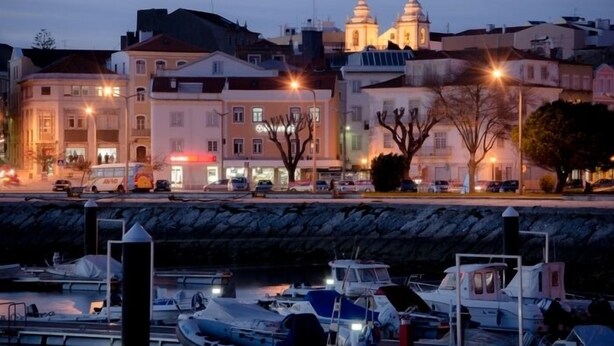 A marina with boats docked, a church with illuminated towers, and buildings with lit windows.
