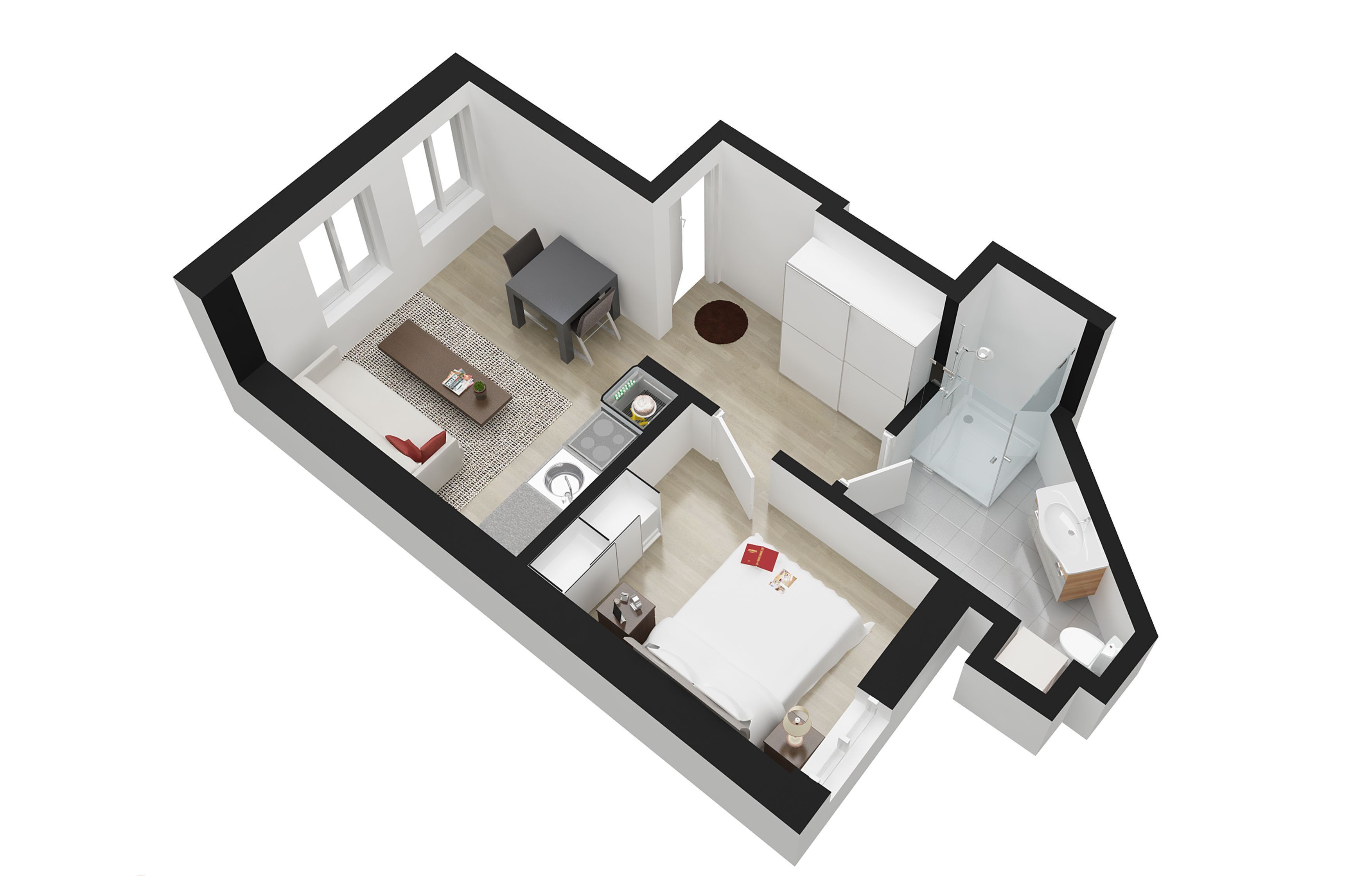A 3D floor plan of a hotel room with a bed, a desk, a small kitchen area, a bathroom, and a seating area.
