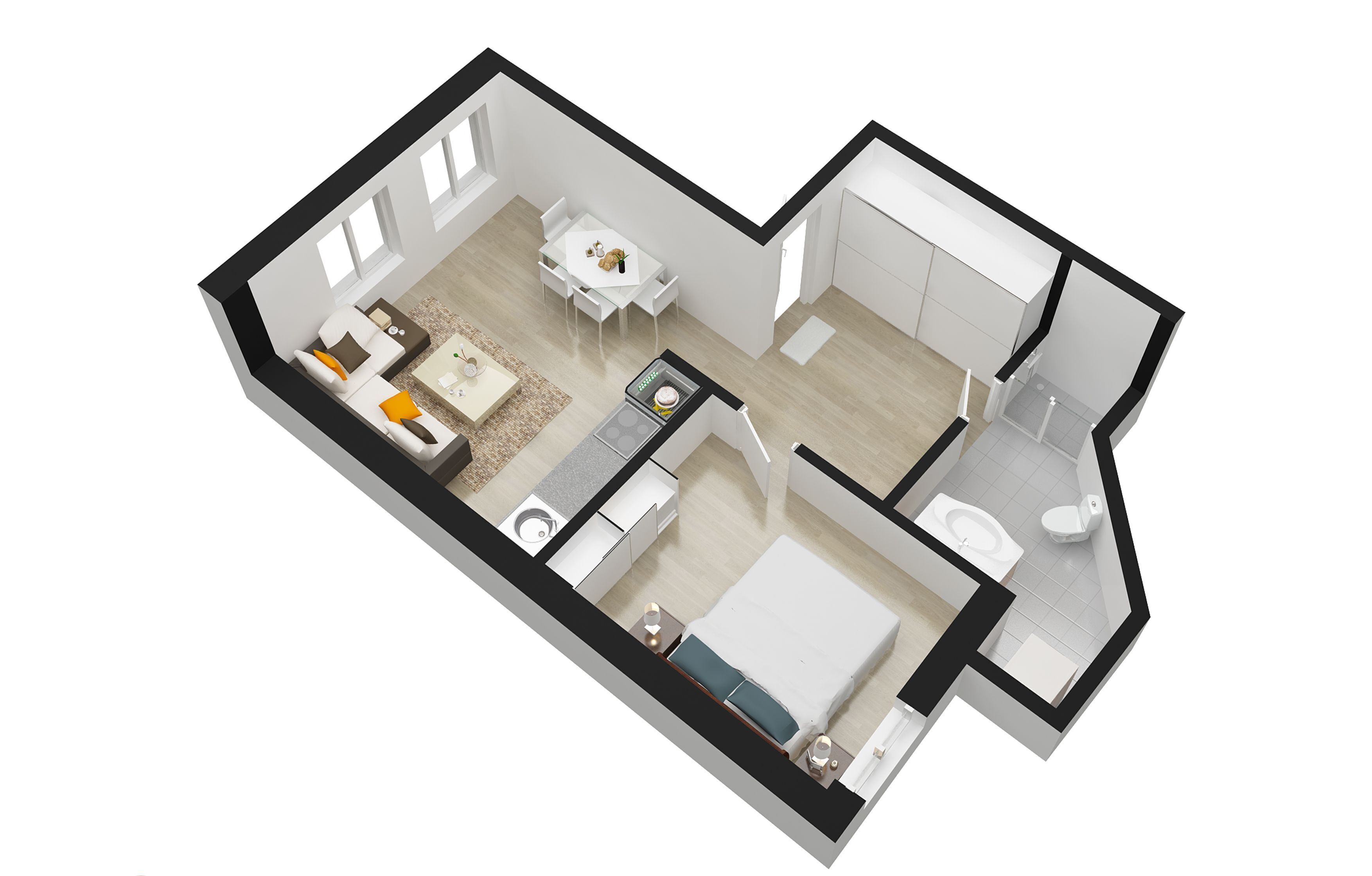 A 3D floor plan of a modern apartment with a living room, dining area, kitchen, and two bedrooms.